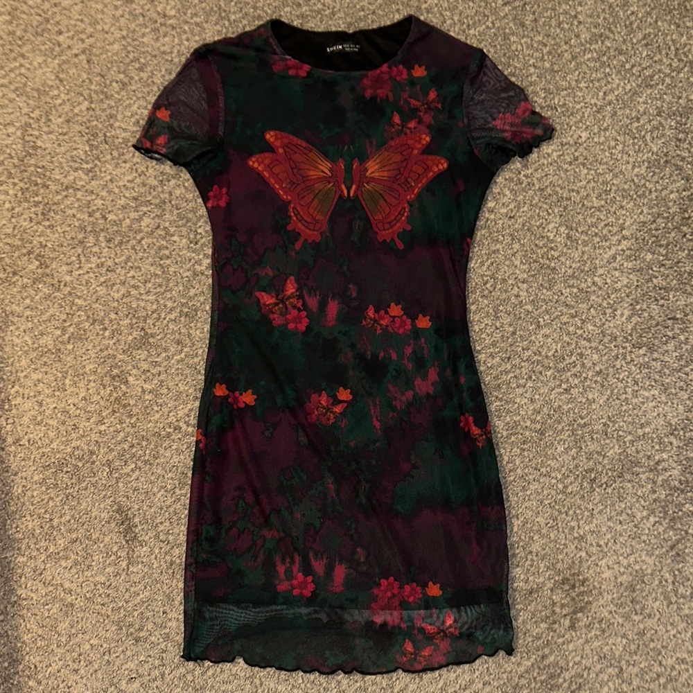 SHEIN Dark Floral Mesh Mini Dress with Butterlfy Designs